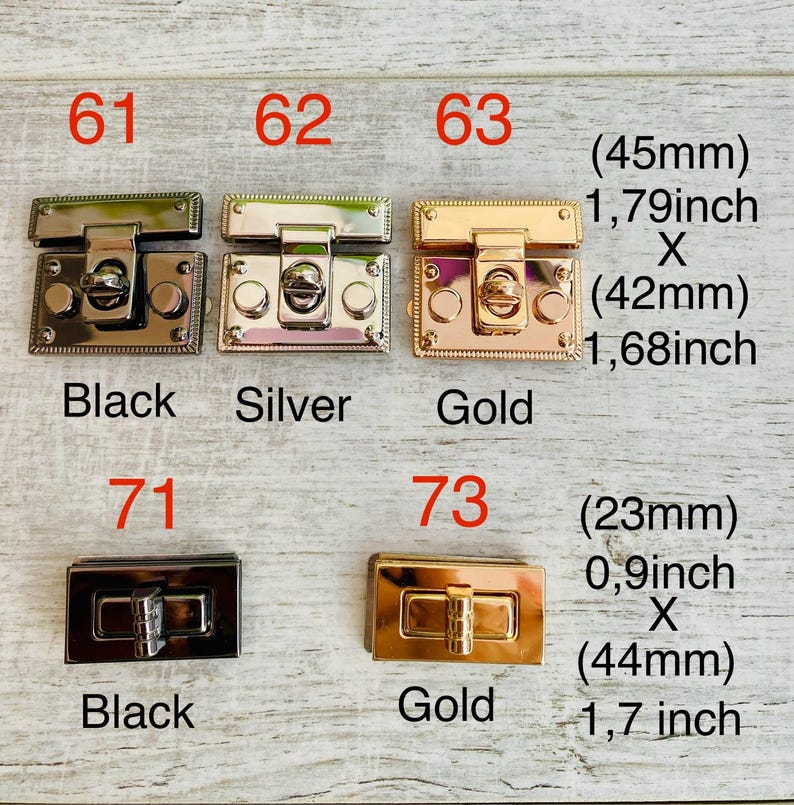 May include: A selection of metal purse clasps in black, silver, and gold. The clasps are rectangular and square, with measurements in millimeters and inches. The image includes the text "Black", "Silver", and "Gold".