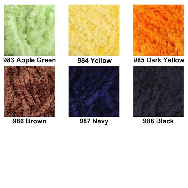 May include: A collection of six textured yarn samples in various colors, labeled with numbers and names: 983 Apple Green, 984 Yellow, 985 Dark Yellow, 986 Brown, 987 Navy, and 988 Black. Each square swatch displays a fuzzy, soft, and fibrous material.
