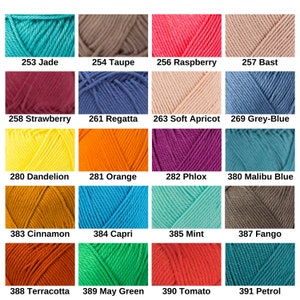 May include: A grid of twenty skeins of yarn in various colors, each labeled with a number and name: 253 Jade, 254 Taupe, 256 Raspberry, 257 Bast, 258 Strawberry, 261 Regatta, 263 Soft Apricot, 269 Grey-Blue, 280 Dandelion, 281 Orange, 282 Phlox, 380 Malibu Blue, 383 Cinnamon, 384 Capri, 385 Mint, 387 Fango, 388 Terracotta, 389 May Green, 390 Tomato, and 391 Petrol.