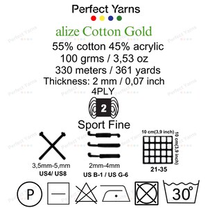May include: Alize Cotton Gold yarn information card featuring 55% cotton and 45% acrylic blend. Details include 100 grams, 3.53 ounces, 330 meters, 361 yards, 2 mm thickness, 4-ply weight, and recommended needle sizes US4-US8 or hook sizes US B-1-US G-6.