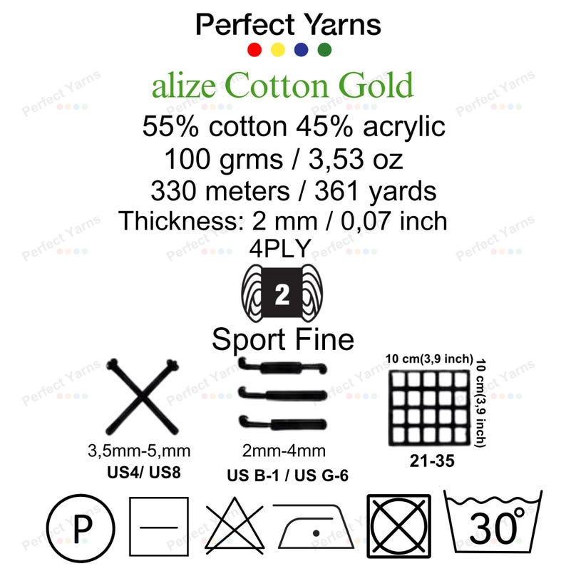 May include: Alize Cotton Gold yarn information card featuring 55% cotton and 45% acrylic blend. Details include 100 grams, 3.53 ounces, 330 meters, 361 yards, 2 mm thickness, 4-ply weight, and recommended needle sizes US4-US8 or hook sizes US B-1-US G-6.