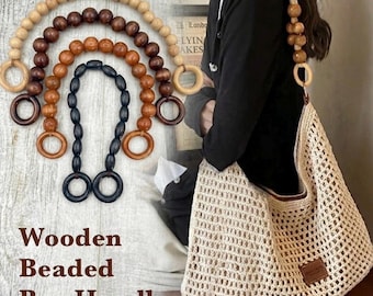 DIY Bag Making Supply: Wooden Beaded Purse Handles, Pair of 45-48cm Natural Wood Straps for Macrame Tote or Crochet Handbags
