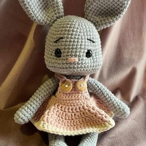 May include: A gray crocheted rabbit doll with long ears, black safety eyes, and a small pink stitched nose. The rabbit wears a light pink crocheted dress with a cream-colored hem and two round wooden buttons attached to the front straps.
