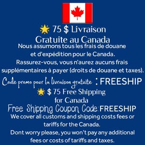 May include: A dark blue informational graphic featuring the Canadian flag at the top. The text includes details about free shipping to Canada for orders over $75, stating that customs and shipping fees are covered, and provides the code FREESHIP.