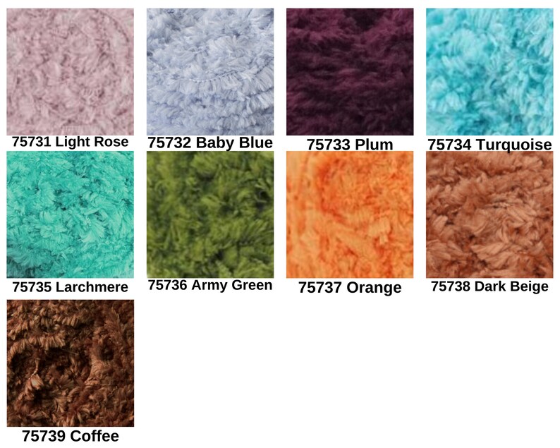 May include: A collection of nine textured yarn samples in various colors labeled with numbers and names: 75731 Light Rose, 75732 Baby Blue, 75733 Plum, 75734 Turquoise, 75735 Larchmere, 75736 Army Green, 75737 Orange, 75738 Dark Beige, and 75739 Coffee.