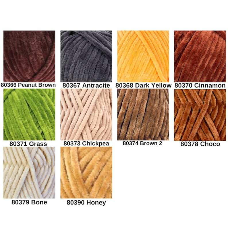 May include: A collection of ten skeins of plush yarn in various colors, including Peanut Brown, Antracite, Dark Yellow, Cinnamon, Grass, Chickpea, Brown 2, Choco, Bone, and Honey. Each skein is labeled with a corresponding number.