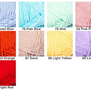 May include: A collection of yarn skeins in various colors, including pastel blue, pale blue, mint, pink powder, rust orange, sand, light yellow, lilac, and bright red. Each skein is labeled with a number and color name.