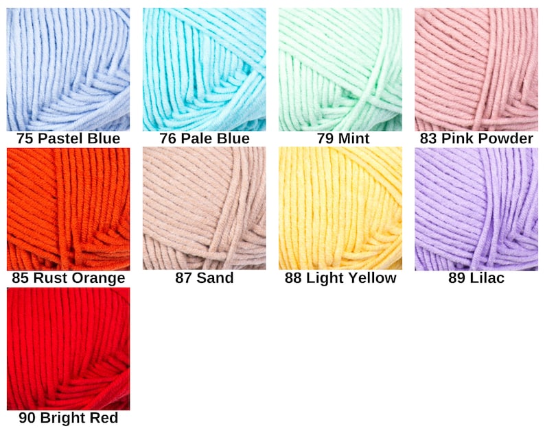 May include: A collection of yarn skeins in various colors, including pastel blue, pale blue, mint, pink powder, rust orange, sand, light yellow, lilac, and bright red. Each skein is labeled with a number and color name.