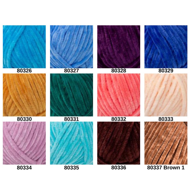 May include: A grid of twelve skeins of plush yarn in various colors. Colors include shades of blue, purple, pink, green, gold, and brown. Each skein is labeled with a number, such as "80326" and "80337 Brown 1".
