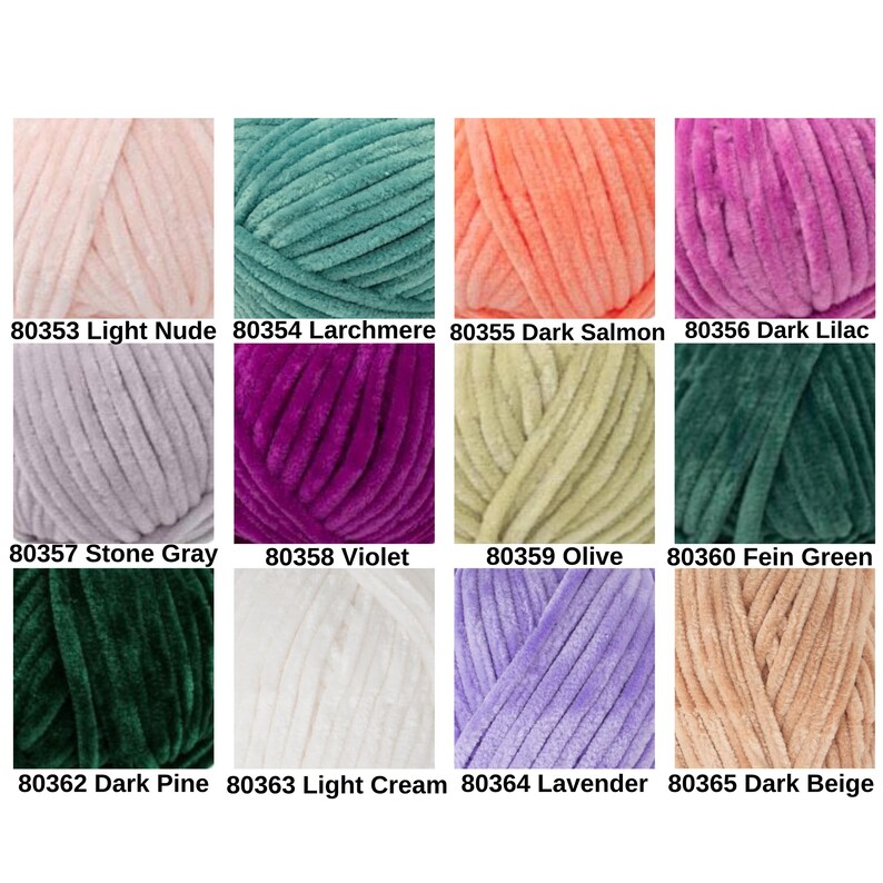 May include: A collection of twelve skeins of plush yarn in various colors. Colors include light nude, teal, salmon, dark lilac, stone gray, violet, olive, and green. Each skein is labeled with a color name and a product number.