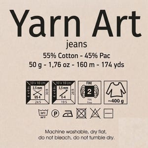 May include: Yarn Art jeans label featuring 55% Cotton and 45% Pac composition. It lists 50 g, 1.76 oz, 160 m, and 174 yds. Includes icons for 3.5 mm needles, 3.5 mm crochet hooks, gauge, weight, and care instructions: machine wash 30C, do not bleach.