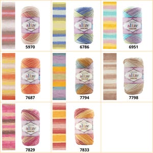 May include: A collection of eight Alize Cotton Gold yarn skeins, each featuring a unique multi-colored striped pattern and a central label. The skeins are labeled with specific color codes: 5970, 6786, 6951, 7687, 7794, 7798, 7829, and 7833, displayed in a grid.