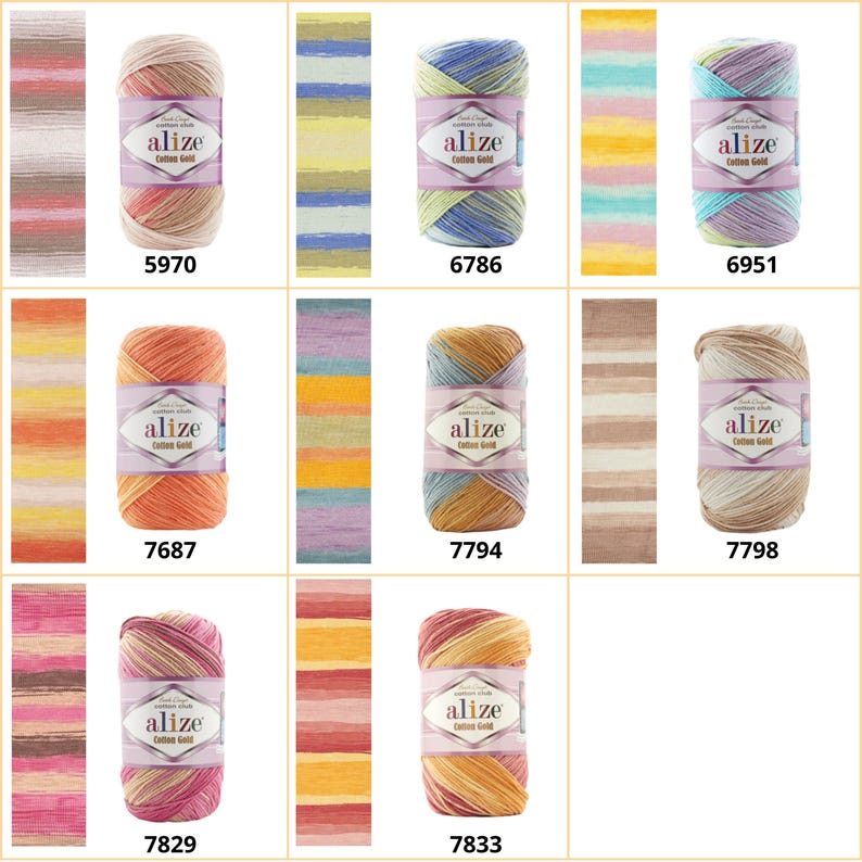 May include: A collection of eight Alize Cotton Gold yarn skeins, each featuring a unique multi-colored striped pattern and a central label. The skeins are labeled with specific color codes: 5970, 6786, 6951, 7687, 7794, 7798, 7829, and 7833, displayed in a grid.