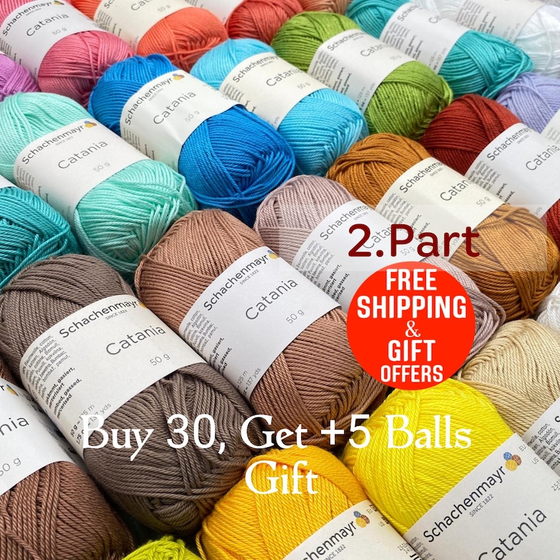 May include: A collection of Schachenmayr Catania cotton yarn balls in various colors, each featuring a white paper label with the brand name, product name, and a weight of 50 g. The yarn is arranged in a dense, multi-colored grid pattern.