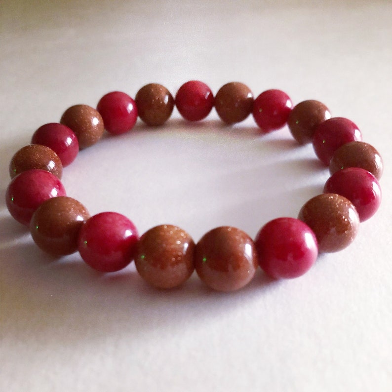 Handcrafted Beaded Bracelet Prosperity Brown Goldstone and Red Jade Bracelet Gift for Women Stretchy Bracelet Gemstone Bracelet