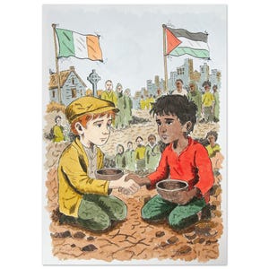 Puede incluir: Ilustración en acuarela de dos niños estrechándose la mano, cada uno sosteniendo un cuenco. Las banderas irlandesa y palestina ondean al fondo. El niño de la izquierda lleva una chaqueta y gorra amarillas, el otro una camisa roja. Una multitud de personas está detrás de ellos.