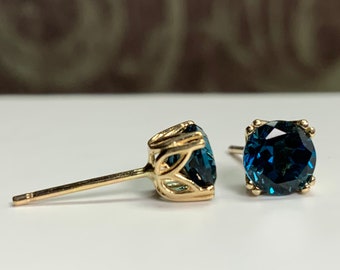 Natural London Blue Topaz Set in 14K Yellow White Gold Double Prong Filigree Stud Earrings 4mm 5mm 6mm 8mm Gemstones Screw-back or Push-back