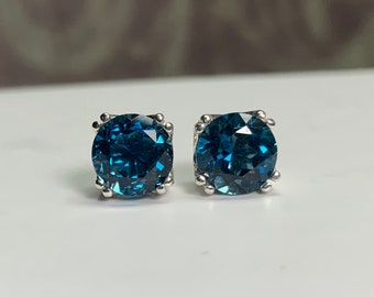 Round Natural London Blue Topaz Set in 925 Sterling Silver Double Prong Filigree Stud Earrings 4mm 5mm 6mm 8mm Screw-back or Push-back posts