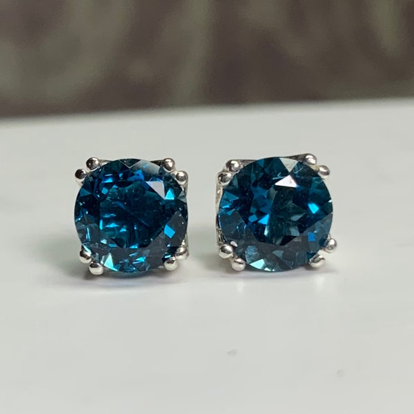 Round Natural London Blue Topaz Set in 925 Sterling Silver Double Prong Filigree Stud Earrings 4mm 5mm 6mm 8mm Screw-back or Push-back posts