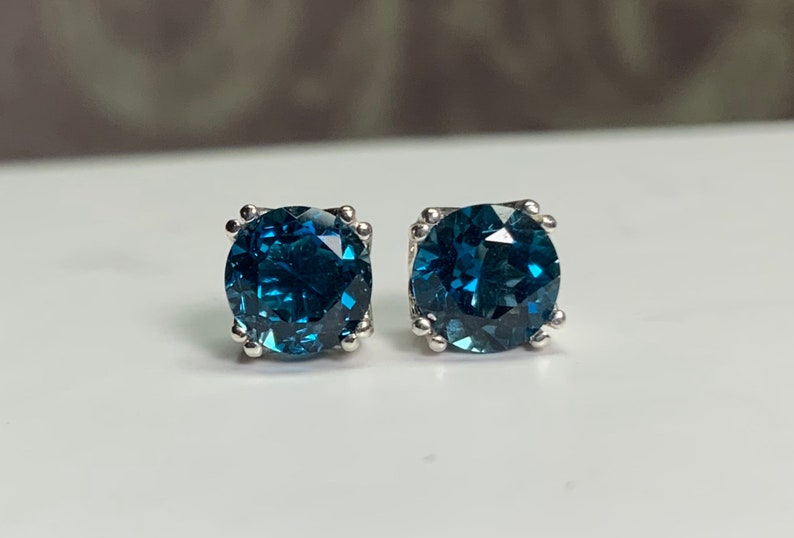 Round Natural London Blue Topaz Set in 925 Sterling Silver Double Prong Filigree Stud Earrings 4mm 5mm 6mm 8mm Screw-back or Push-back posts 