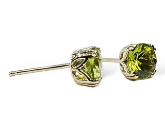 Round Natural Peridot Set in 14K Yellow Gold Double Prong Filigree Stud Earrings 4mm 5mm 6mm 8mm Unisex Screw-back or Push-back