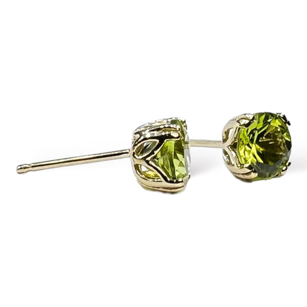 Solid 14k Gold Peridot Tulip Setting Stud Earrings, Natural, August Gift