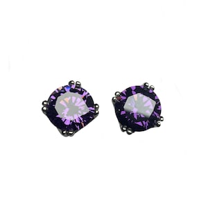 Round Purple Cubic Zirconia Sterling Silver Double Prong Stud Earrings: Tulip Setting, Sustainable Gemstone