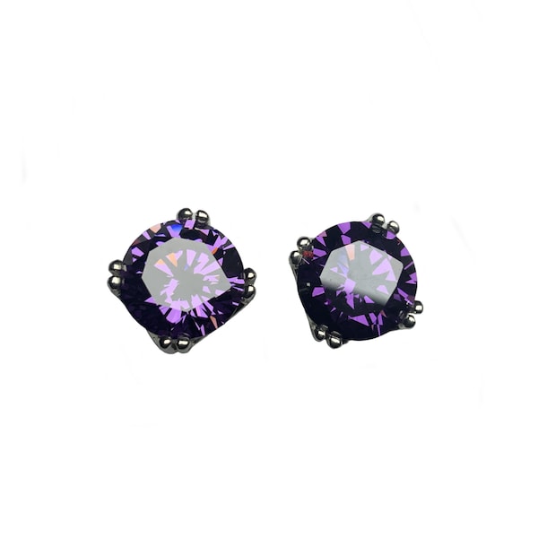 Round Amethyst Purple Cubic Zirconia Gemstone Set in 925 Sterling Silver Filigree Stud Earrings 4mm 5mm 6mm 8mm Screw-back or Push-back