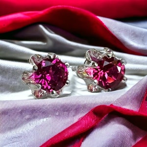 Round Natural Rhodolite Garnet AA Gemstones set in our 6-prong Sterling Silver Buttercup Setting Stud Earrings Wedding all genders