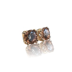 Round Champagne CZ 14K Yellow Gold Double Prong Stud Earrings: Tulip Setting, Sustainable Gemstone