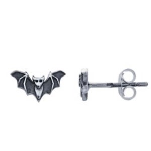 May include: A pair of silver stud earrings featuring a small bat design.