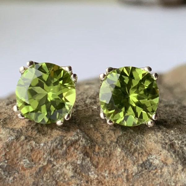 Round Natural Peridot Set in Sterling Silver Filigree Stud Earrings Multiple Sizes 4mm 5mm 6mm 8mm Screw-back or Push-back