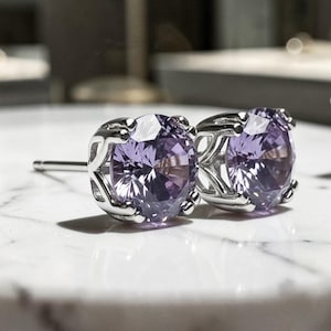 Lavender CZ Stud Earrings, Sterling Silver Round, Sparkling Gift, Tulip Setting