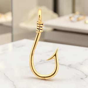 14K Yellow Gold Fishing Hook Pendant Charm: Nautical Jewelry