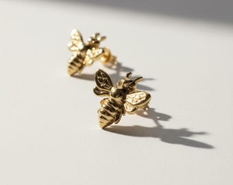 Womens Bee Earrings, Solid 14k Yellow Gold Studs, Gardener Gift