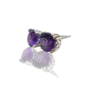 Round Natural Purple Amethyst Gemstone Set in 925 Silver Double Prong Filigree Stud Earrings 4mm 5mm 6mm 8mm Screw-back or Push-back