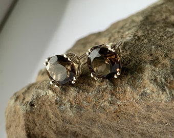 Round Natural Smoky Quartz Set in Sterling Silver Filigree Stud Earrings Multiple Sizes 4mm 5mm 6mm 8mm Screw-back or Push-back Posts