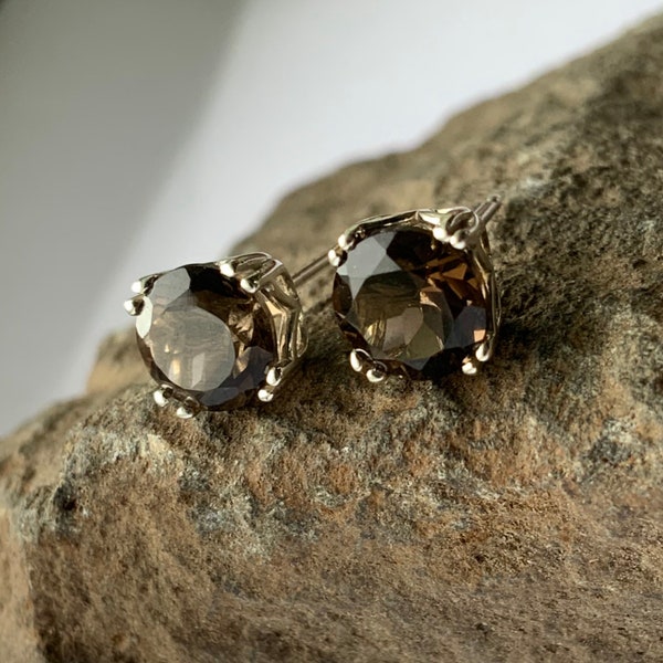 Round Natural Smoky Quartz Set in Sterling Silver Filigree Stud Earrings Multiple Sizes 4mm 5mm 6mm 8mm Screw-back or Push-back Posts