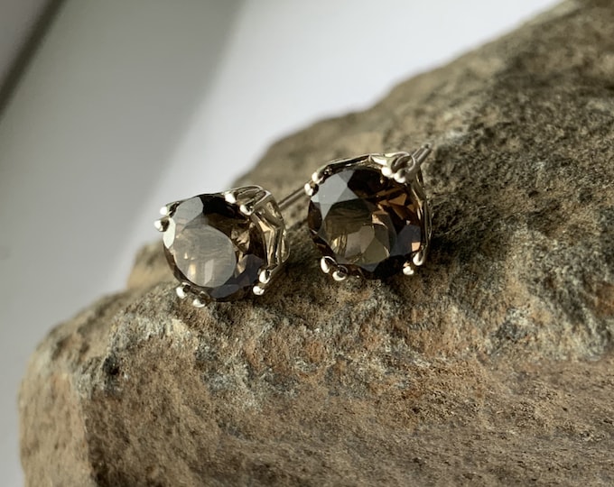 Smoky Quartz Stud Earrings — STERLING SILVER | Natural AA Tulip Setting, Unisex