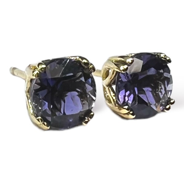 Solid 14k Gold Iolite Tulip Setting Stud Earrings, Natural, Blue Violet