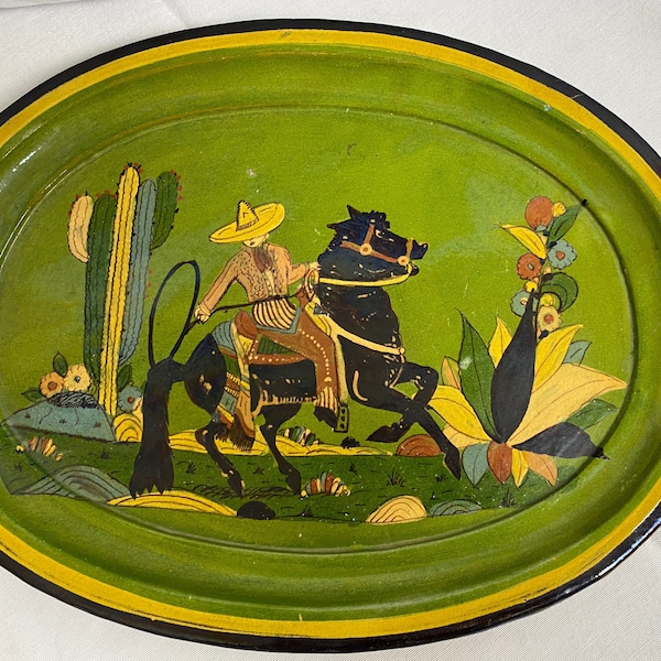 Mexican Tourist Ware, Tlaquepaque, Oval Plaque with Charro scene