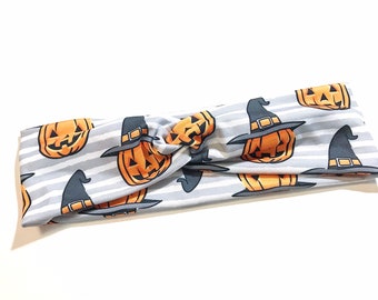 HALLOWEEN TWIST HEADBAND / Halloween witchy pumpkins gray headband / hair accessories / fitness accessories
