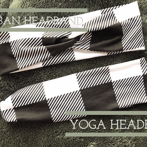 May include: Two black and white checkered headbands. The top headband is tied in a knot and labeled "TURBAN HEADBAND". The bottom headband is laid flat and labeled "YOGA HEADBAND".