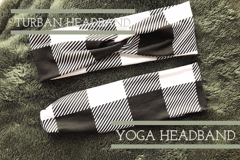 May include: Two black and white checkered headbands. The top headband is tied in a knot and labeled "TURBAN HEADBAND". The bottom headband is laid flat and labeled "YOGA HEADBAND".