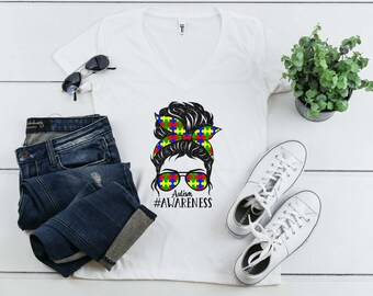 Trendy mamá gráfica camiseta desordenada bun gafas de sol rompecabezas piezas camiseta mamá vida apoyar el trastorno del espectro autista coloridas madres día ideas de regalo