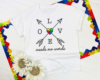 Love camiseta no verbal autismo apoyar dichos inspiradores camiseta gráfica colores primarios pieza de puzzle