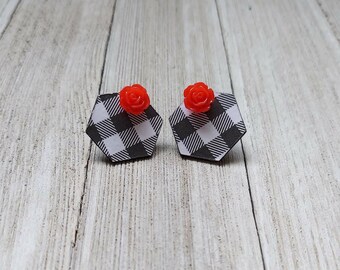Buffalo Plaid Hexagon negro y blanco botón pendiente rojo rosa encanto joyería geometric minimalista accesorios regalos para su