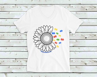 Sunflower Autism Puzzle Piezas Casual Graphic Tee Camiseta de verano ligera en blanco y negro Ideas de regalo únicas apoyo ASD flower tops