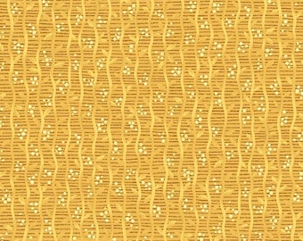 May include: A mustard yellow fabric featuring a repeating pattern of vertical wavy lines interspersed with small, light cream-colored berries and delicate leaves. The background consists of thin, horizontal dark lines that create a textured appearance.