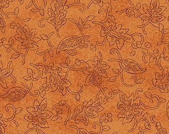 May include: A textured orange fabric featuring a repeating pattern of dark brown line art illustrations. The design consists of oak leaves, swirling vines, small berries, and tiny acorns distributed evenly across the entire surface area.